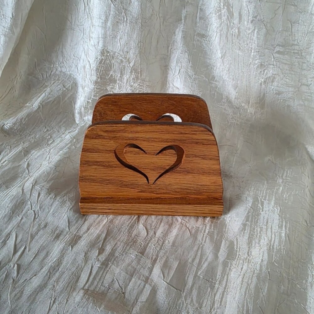 Handcrafted Solid Oak Wood Carved Heart Napkin Letter Holder New
